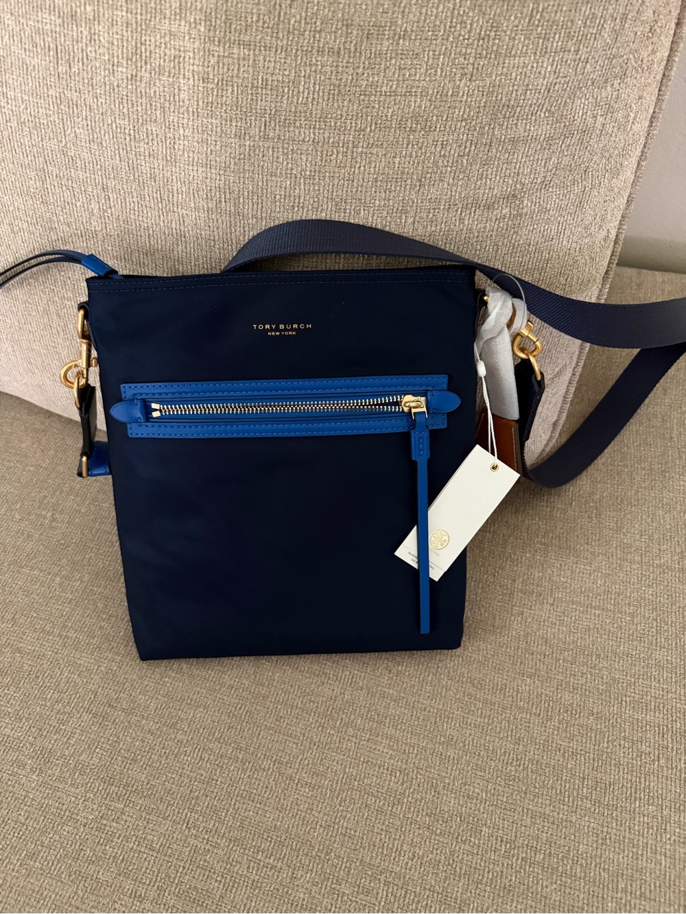 Tory Burch Navy Crossbody with Bright Blue Trim and Gold Hardware